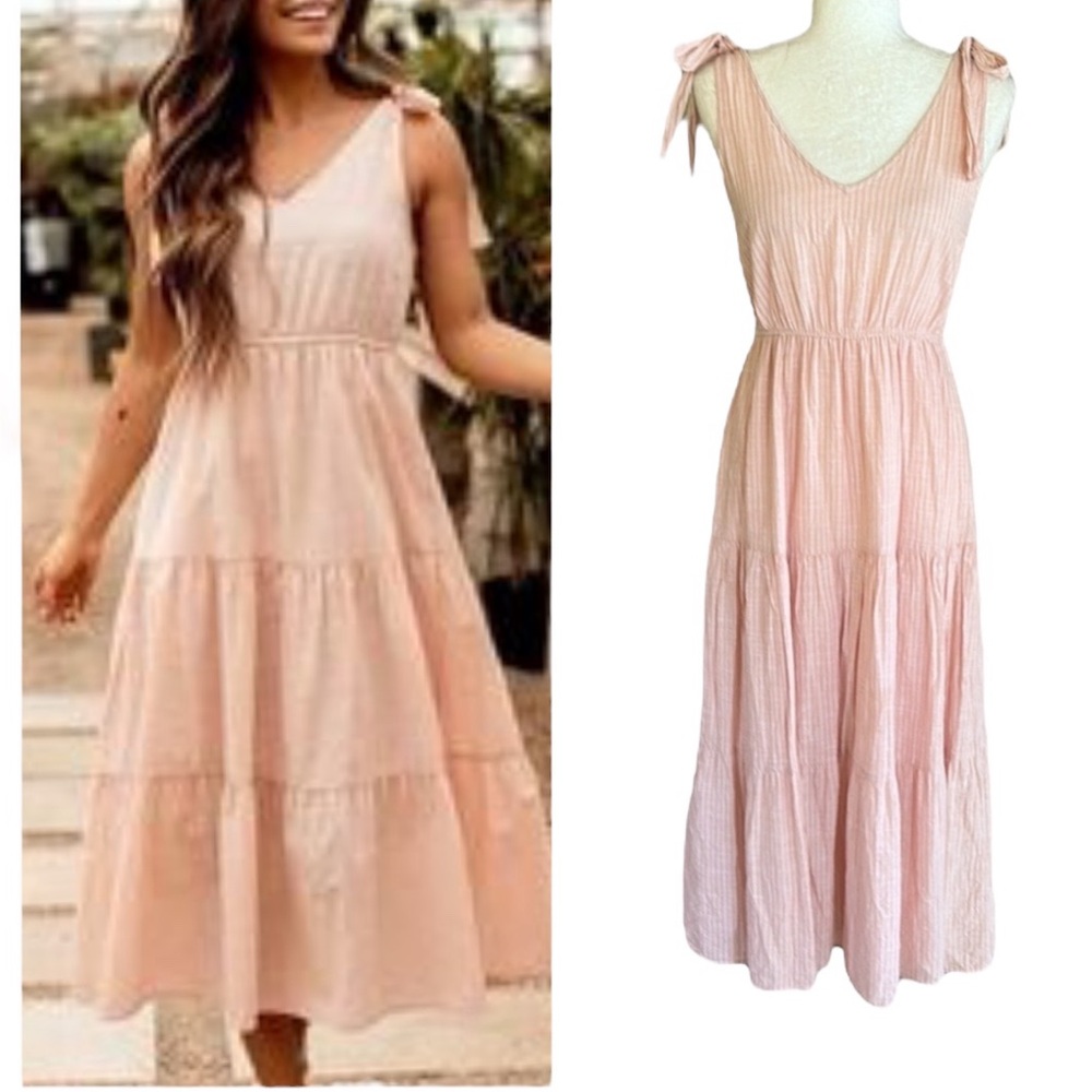 Moon River Blush Pink Striped Print Bow Tie Shoulder Tiered Midi Dress - S